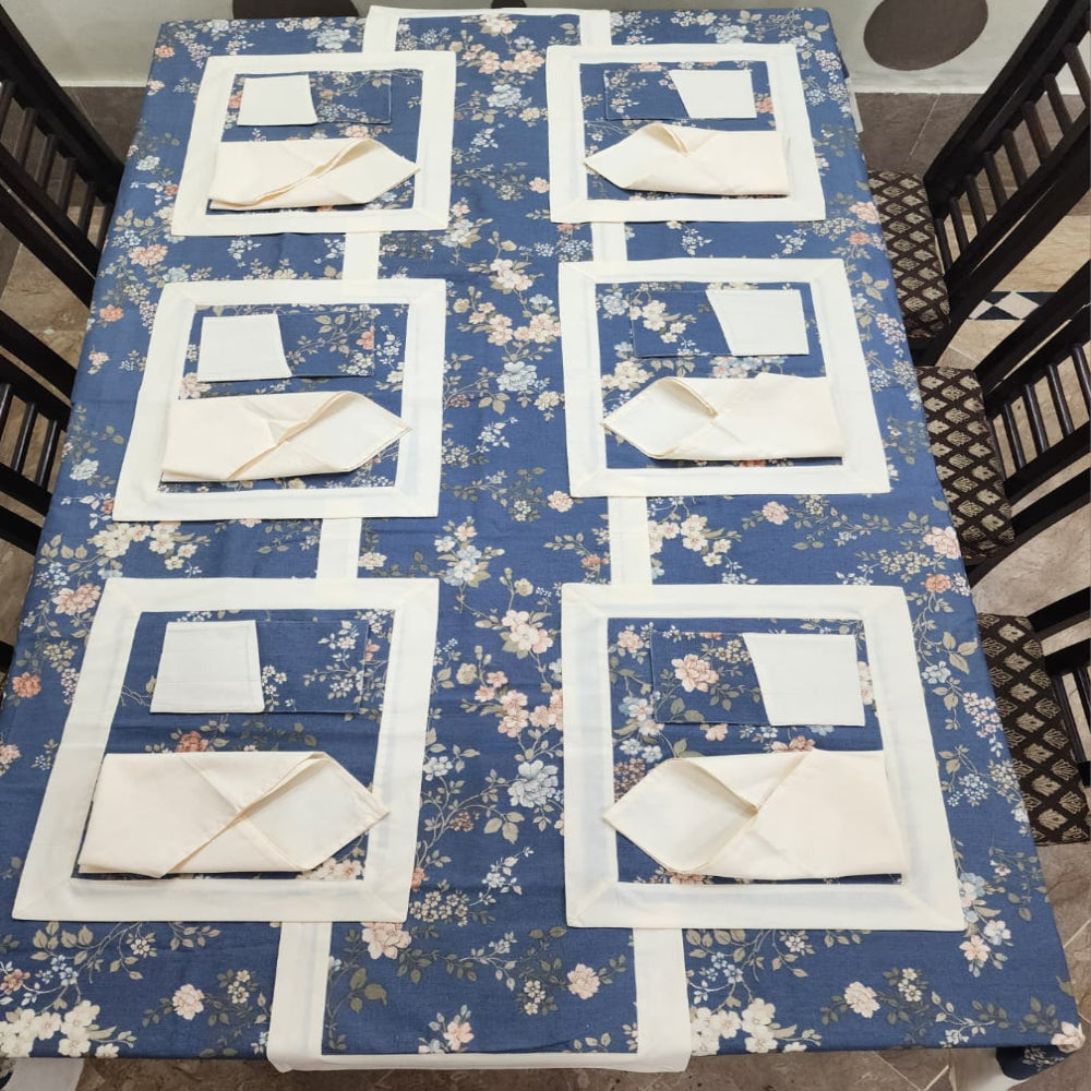 Offwhite Bordered Printed Cotton Reversable Dinning Set -Night Garden