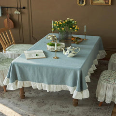 Decorative Cotton Tablecloth - Blue With White Frilled Bordered