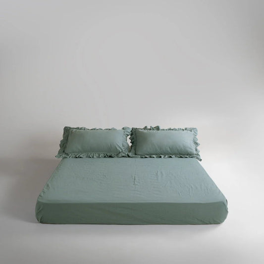 Cotton Fitted Sheet With Frilled Pillow Cover-Light Green