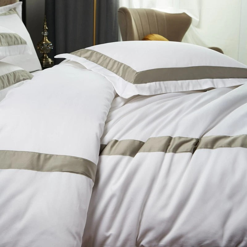 White with Beige Hotel Style Cotton Satin Duvet Set - 99 Bedding Store