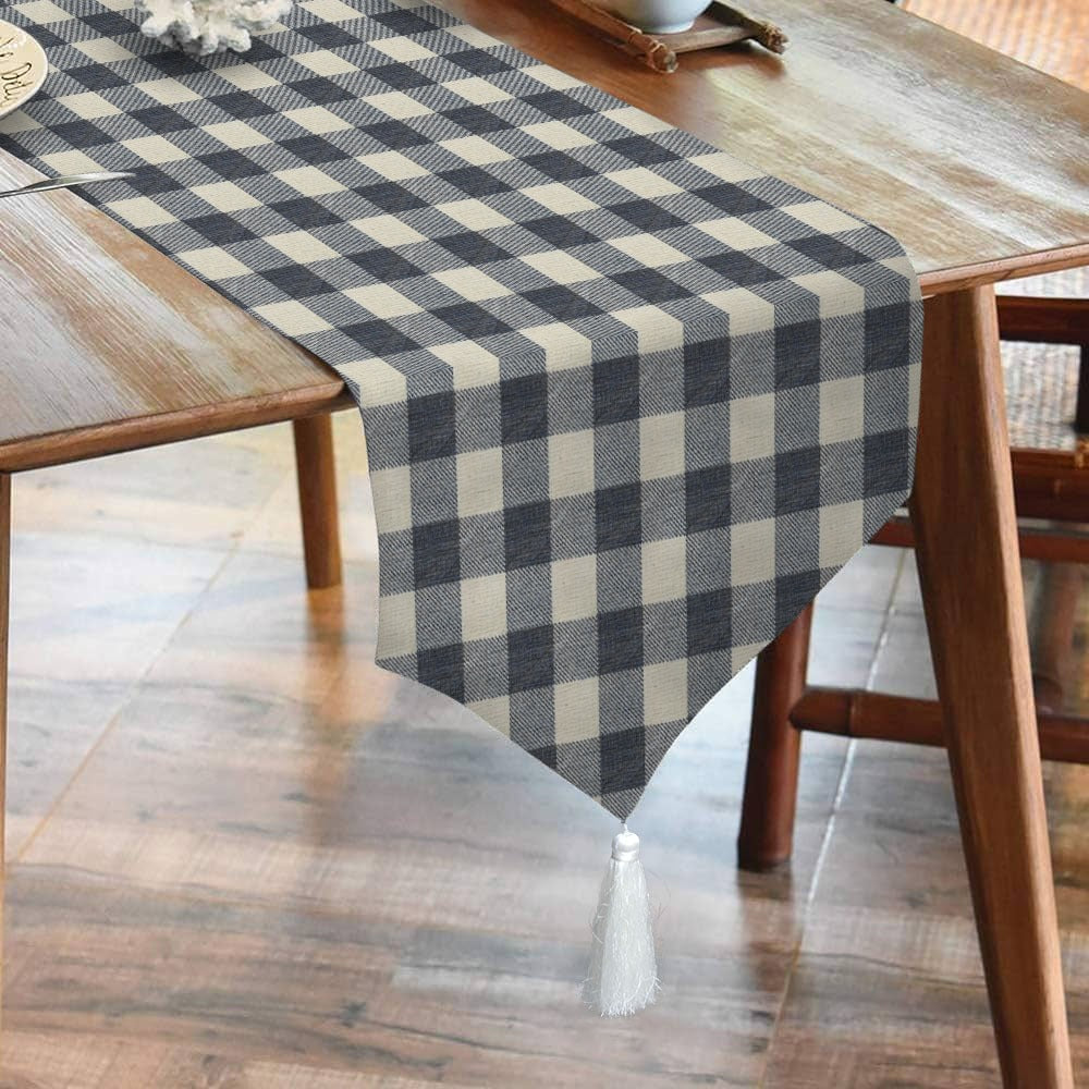 Waterproof Cotton Printed Table Runner With Tesal - Black Check - 99 Bedding Store