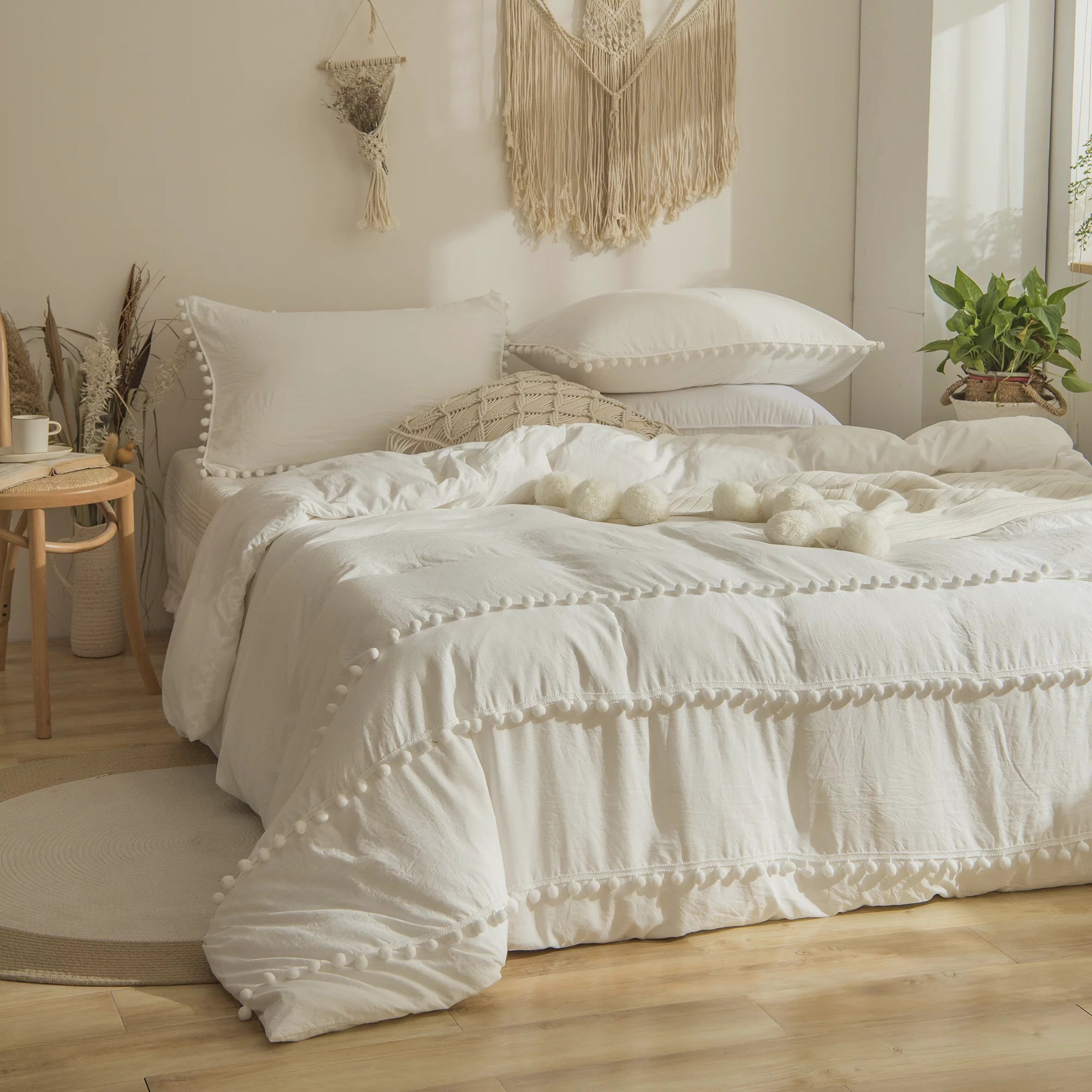 Luxury Cotton Satin Pom Fringe Duvet Cover Set- Dove White - 99 Bedding Store