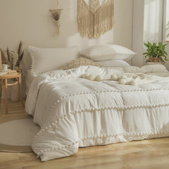 Luxury Cotton Satin Pom Fringe Duvet Cover Set- Dove White - 99 Bedding Store