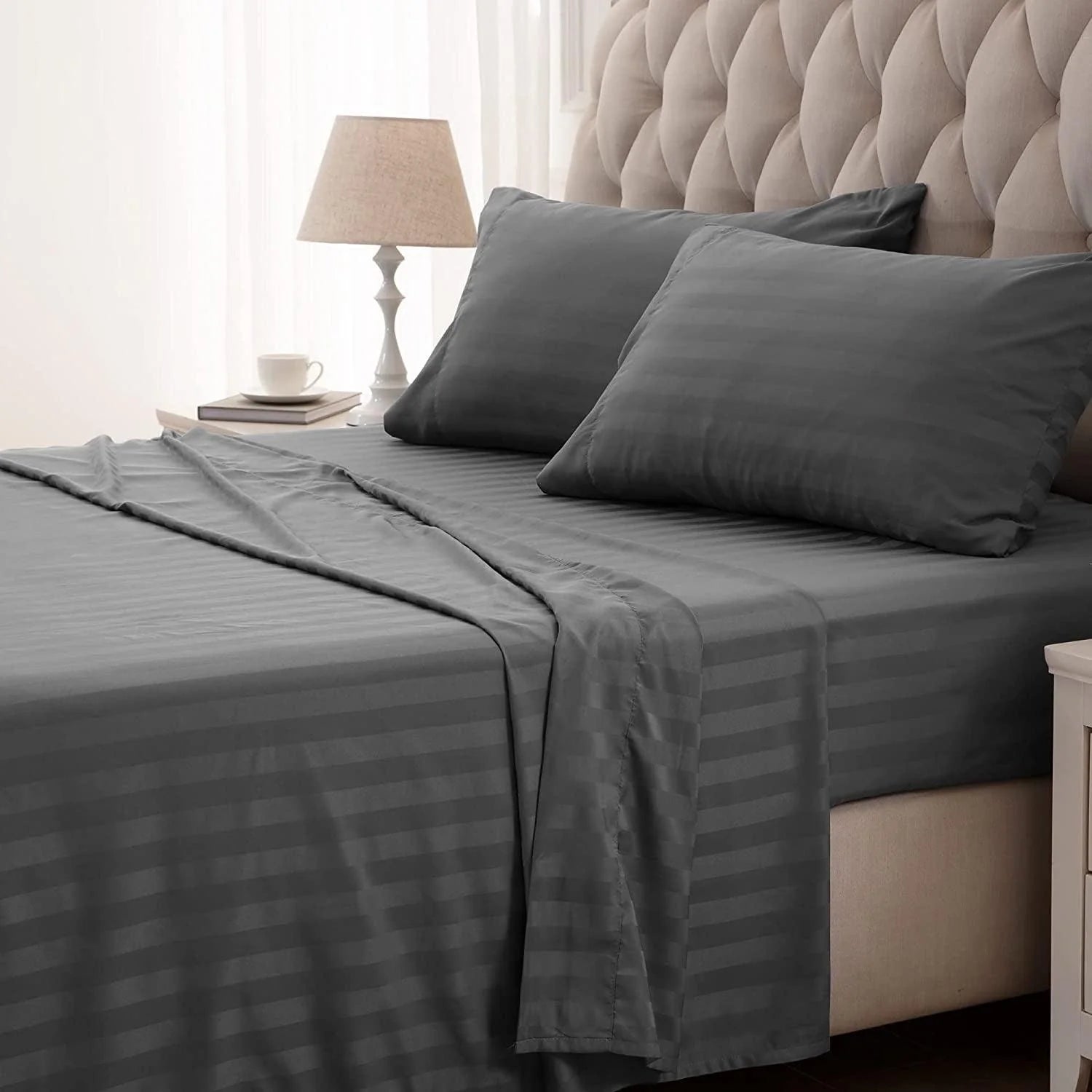 Luxury Satin Stripe 400 tc Fitted sheet set Grey