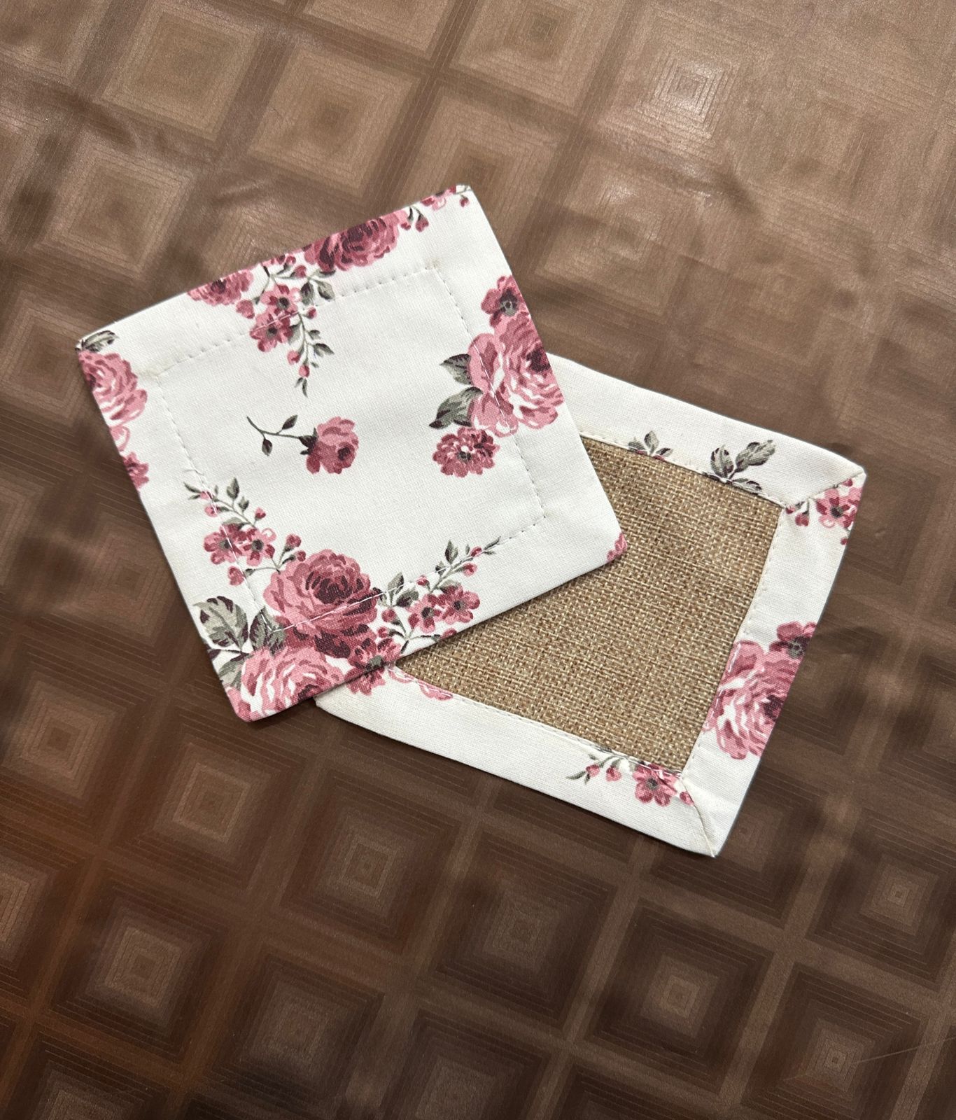 Jute Coasters Set With Rose Garden Border And Back