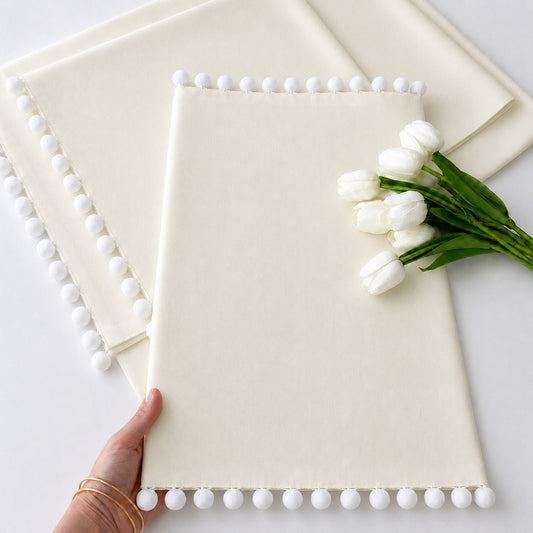Luxury Cotton Dinning Set With Cute Pom pom -Off White