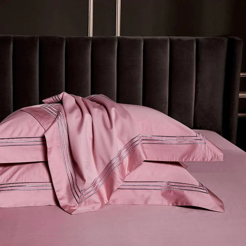 Embroidered Cotton Satin Luxury Baratta Stitch Tetra Line Duvet Set-Pink - 99 Bedding Store