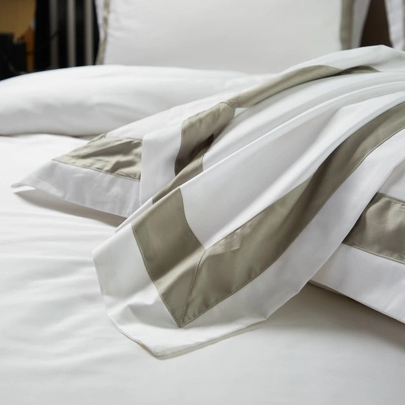 White with Beige Hotel Style Cotton Satin Duvet Set - 99 Bedding Store