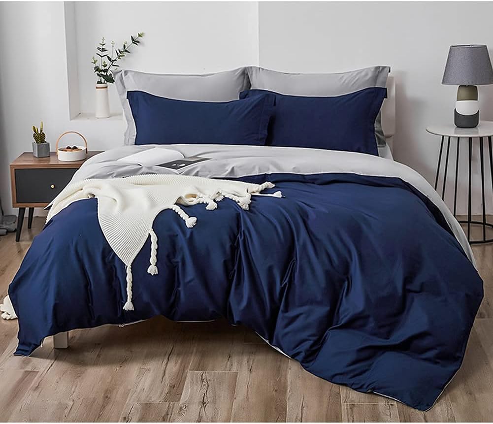 300 Tc Plain Dyed Reversible Cotton Duvet Cover Set - Royal Blue ang Light grey - 99 Bedding Store