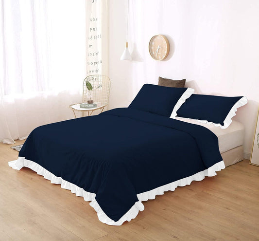 White Frilled Cotton Duvet Cover Set-006