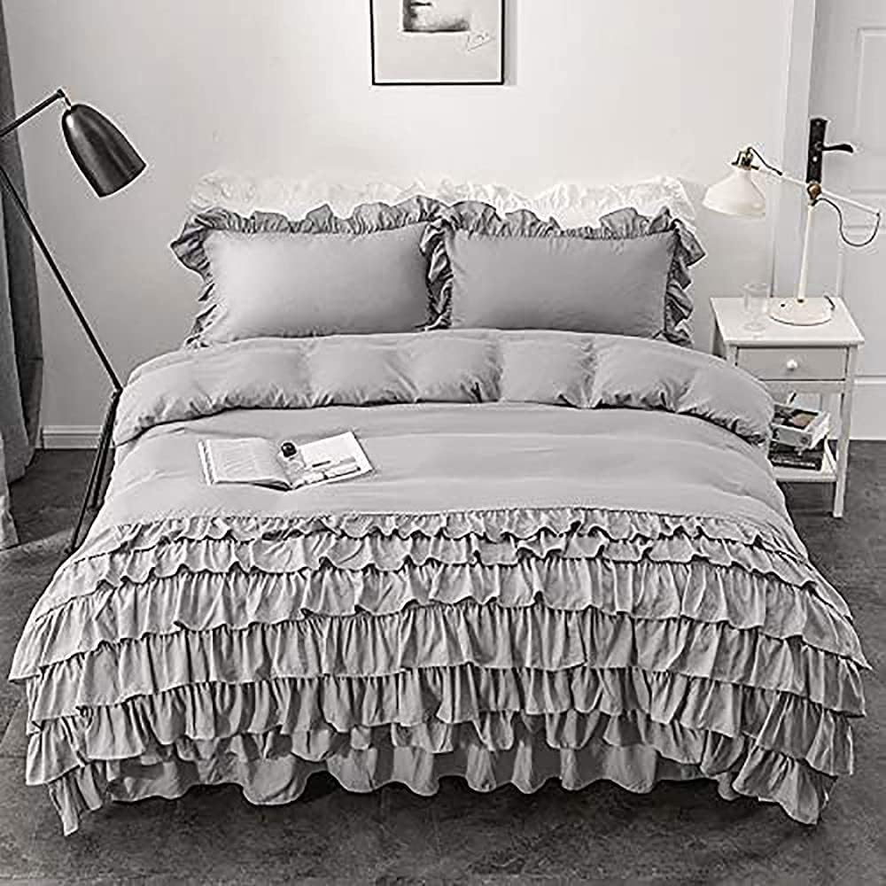 Luxury Cotton Frilled Duvet Set Light Grey - 99 Bedding Store