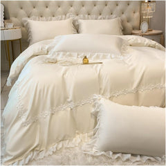 Luxury Cotton Satin Frilled Duvet Set With Lace - Creem - 99 Bedding Store