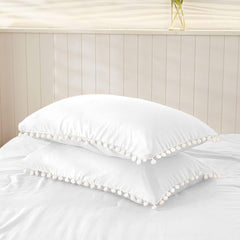 Luxury Cotton Satin Pom Fringe Duvet Cover Set-White - 99 Bedding Store