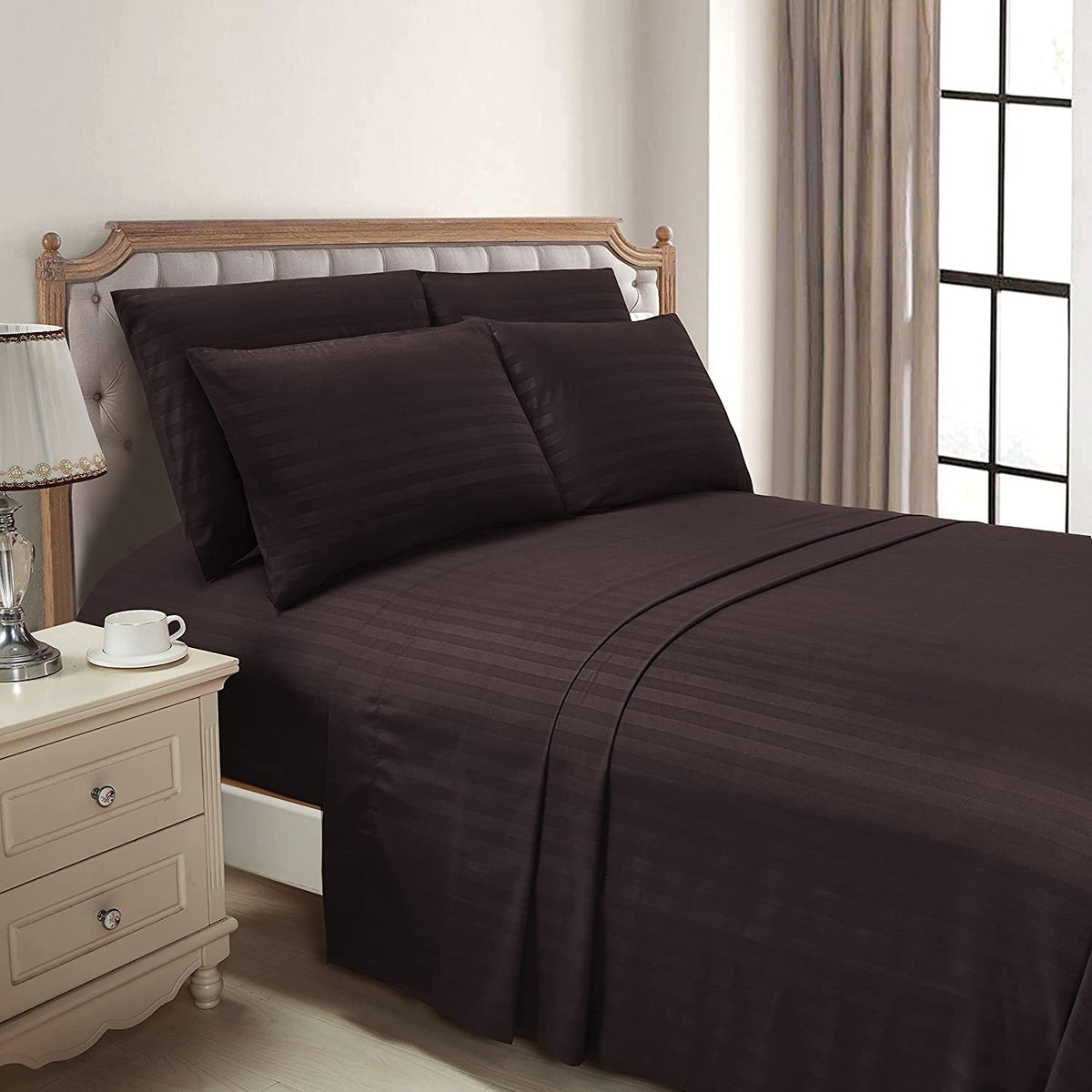 Luxury Strip Satin Bed sheet Set - Dark Brown - 99 Bedding Store