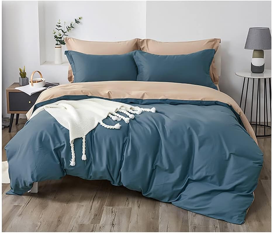 300 Tc Plain Dyed Reversible Cotton Duvet Cover Set - Royal Blue ang Light grey - 99 Bedding Store