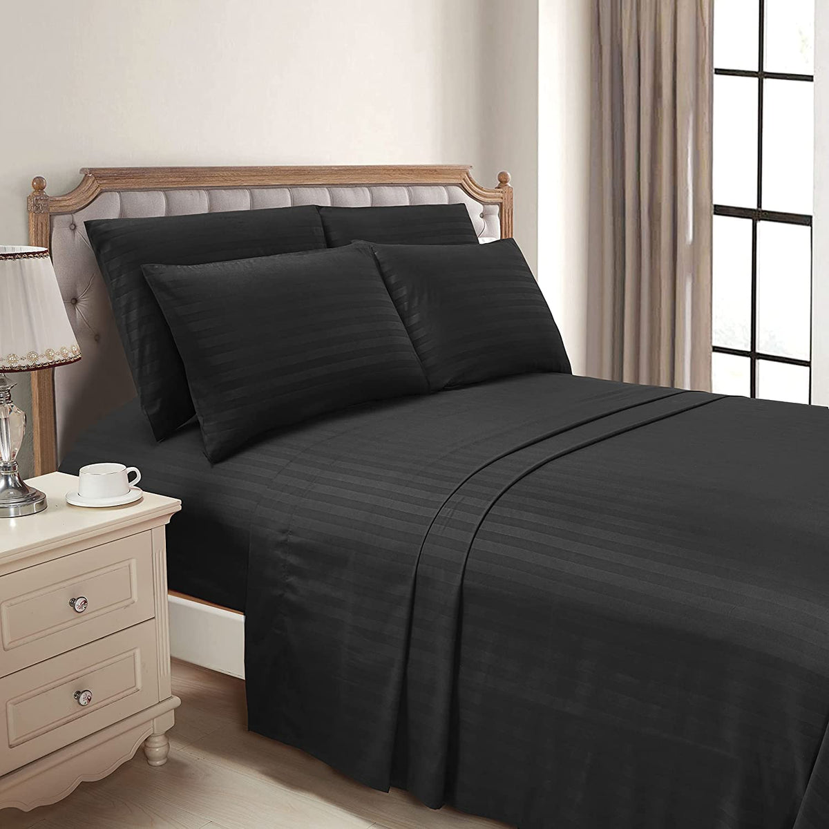 Luxury Strip Satin Bed sheet Set - Black - 99 Bedding Store