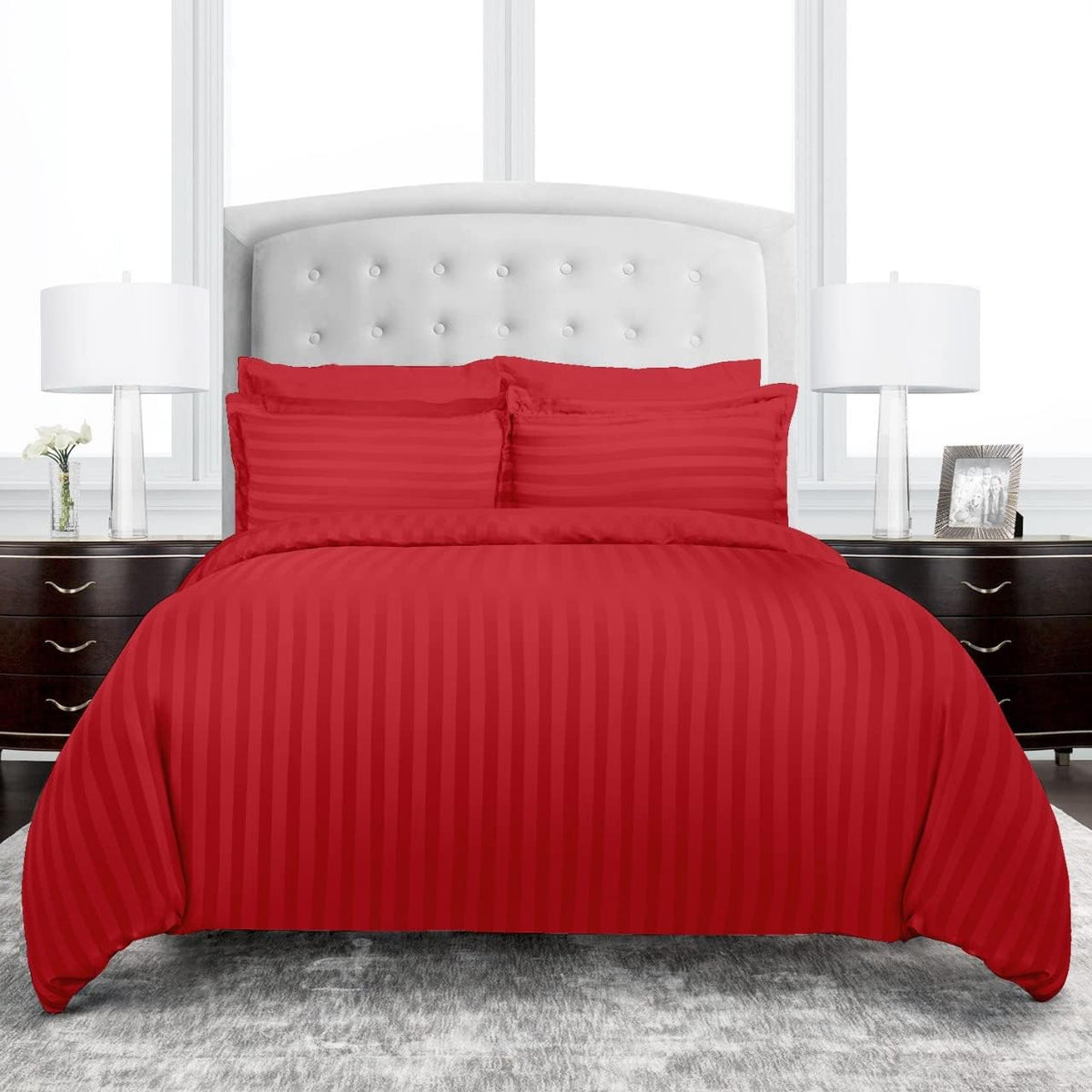 Luxury100% Egyptian Cotton Satin Stripe Duvet Cover Set -Red - 99 Bedding Store