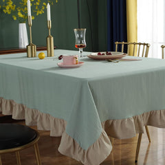 Decorative Cotton Tablecloth - Aqua With Beige Frilled Bordered