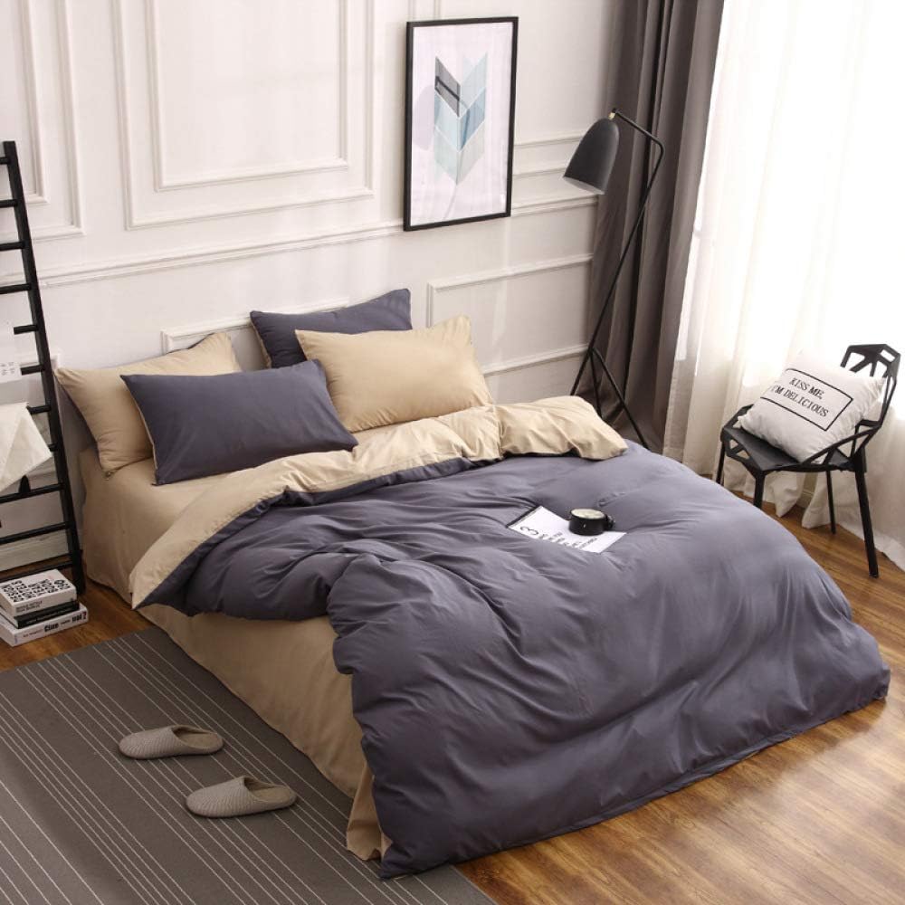 Plain Dyed Reversible Cotton Duvet Cover Set -Dark Grey & Khaki - 99 Bedding Store