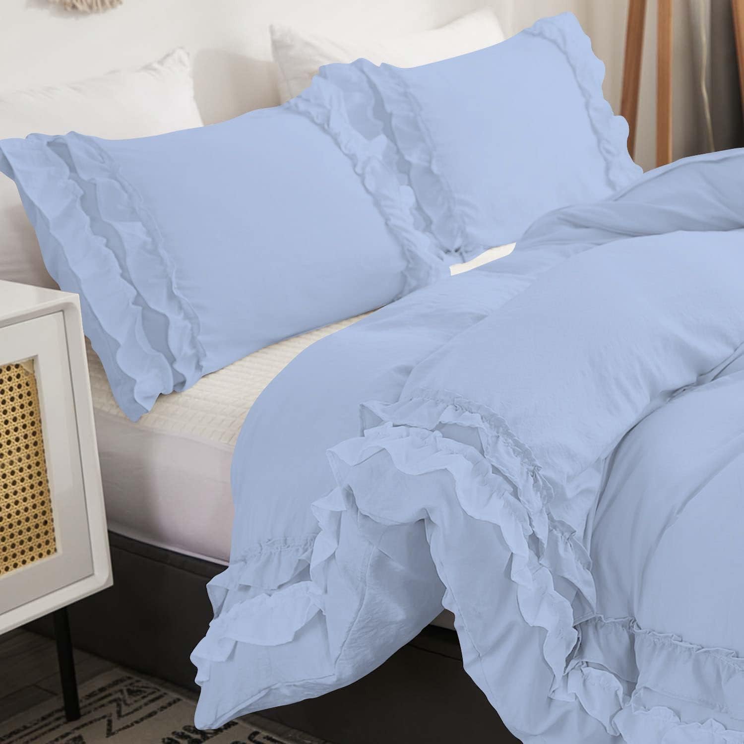 Luxury Cotton Frilled Duvet Set -Sky Blue - 99 Bedding Store