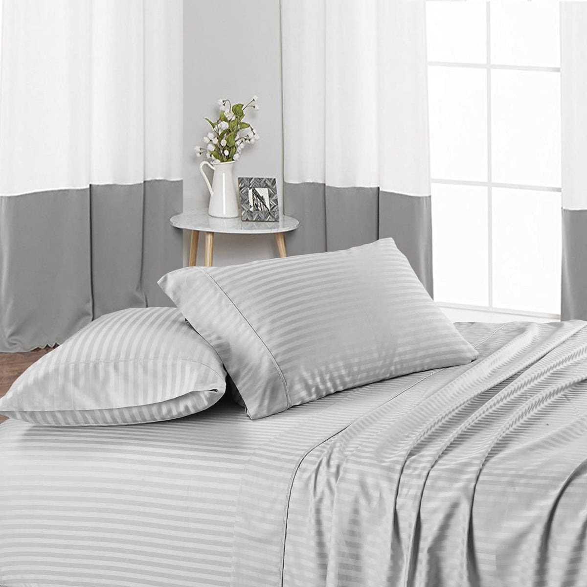 Luxury Strip Satin Bed sheet Set - Silver - 99 Bedding Store