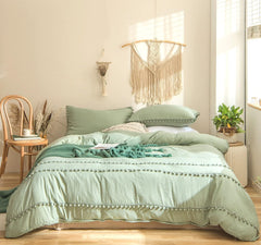 Luxury Cotton Satin Pom Fringe Duvet Cover Set- Light Green - 99 Bedding Store