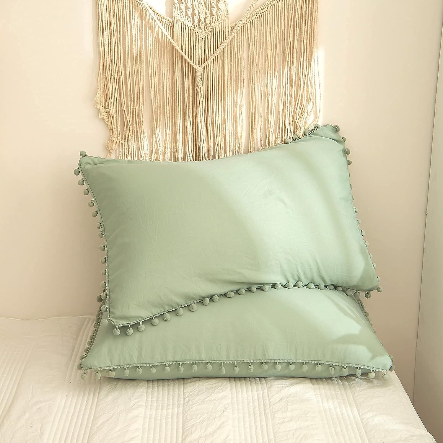 Luxury Cotton Satin Pom Fringe Duvet Cover Set- Light Green - 99 Bedding Store