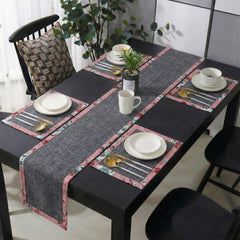 Charcoal Grey Jute Dinning Set With Printed Border-