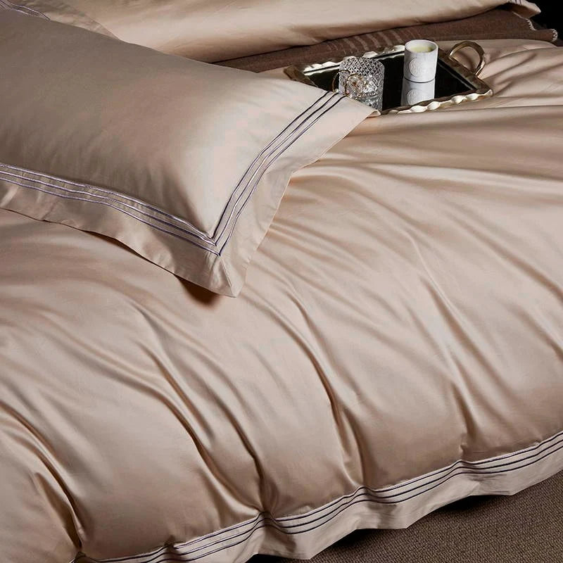 Embroidered Cotton Satin Luxury Baratta Stitch Tetra Line Duvet Set-Beige - 99 Bedding Store