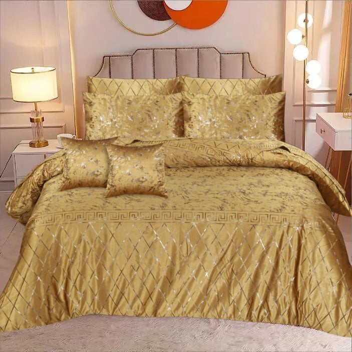 8 Pcs Greek Border Velvet Duvet Cover Set - Golden Beige