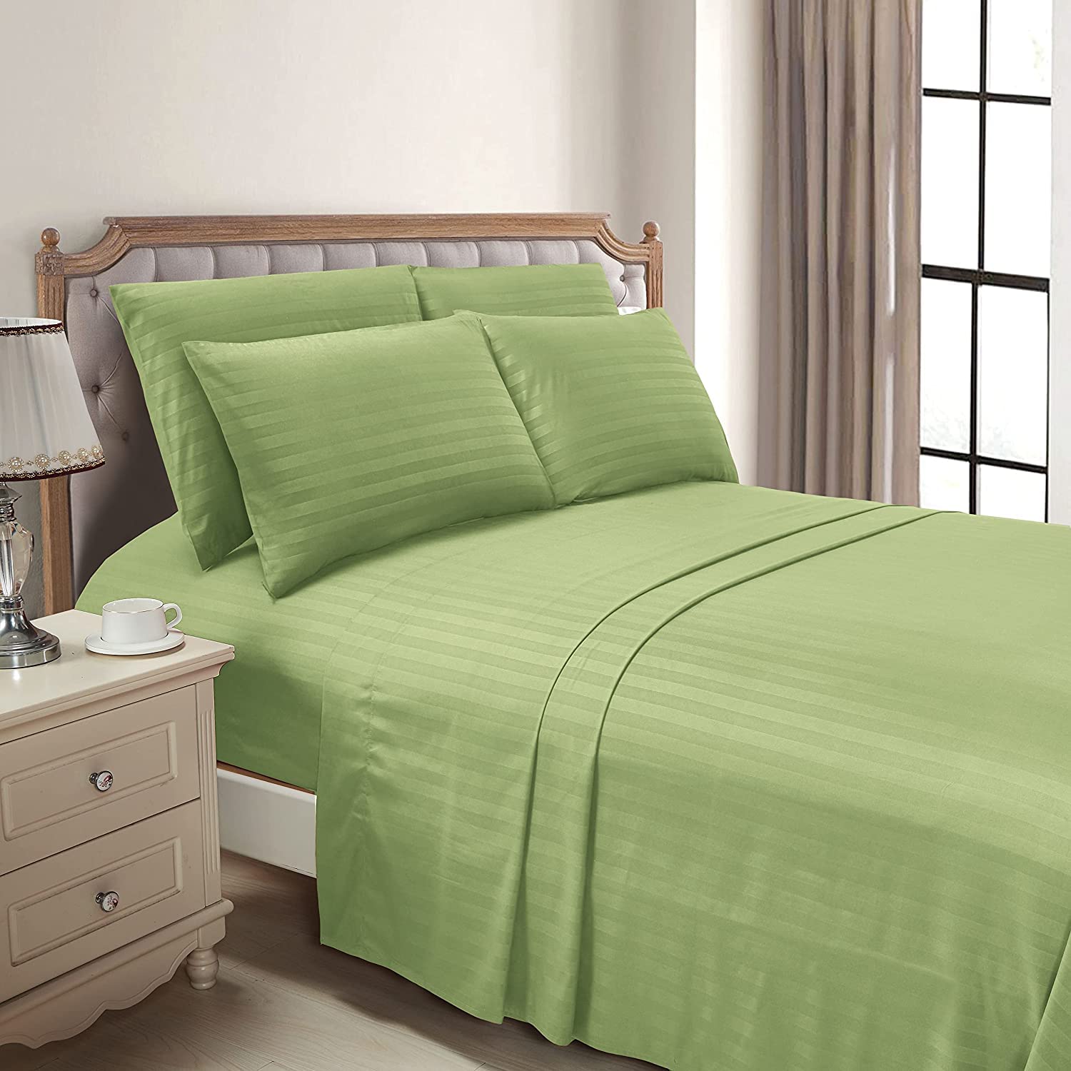 Luxury Strip Satin Bed sheet Set - Green - 99 Bedding Store