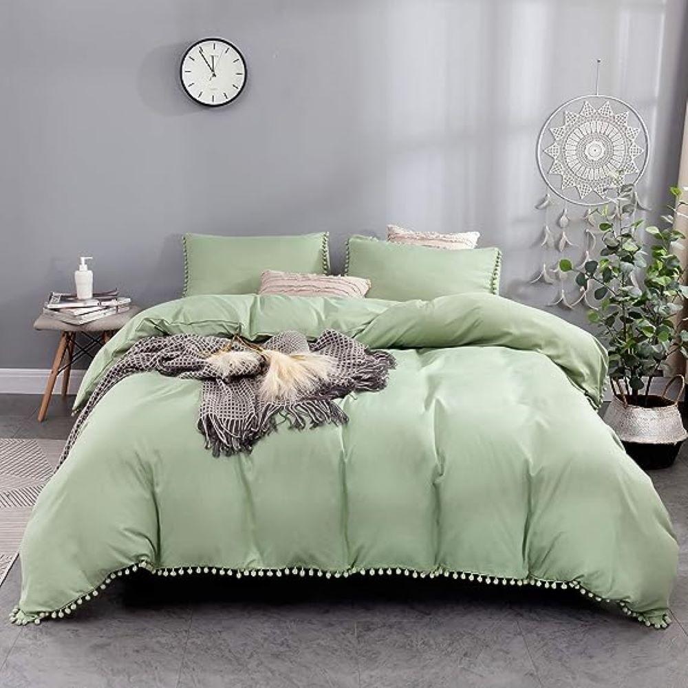 Luxury Cotton Satin Pom Fringe Duvet Cover Set - Sage - 99 Bedding Store