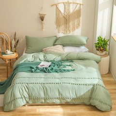 Luxury Cotton Satin Pom Fringe Duvet Cover Set- Light Green - 99 Bedding Store