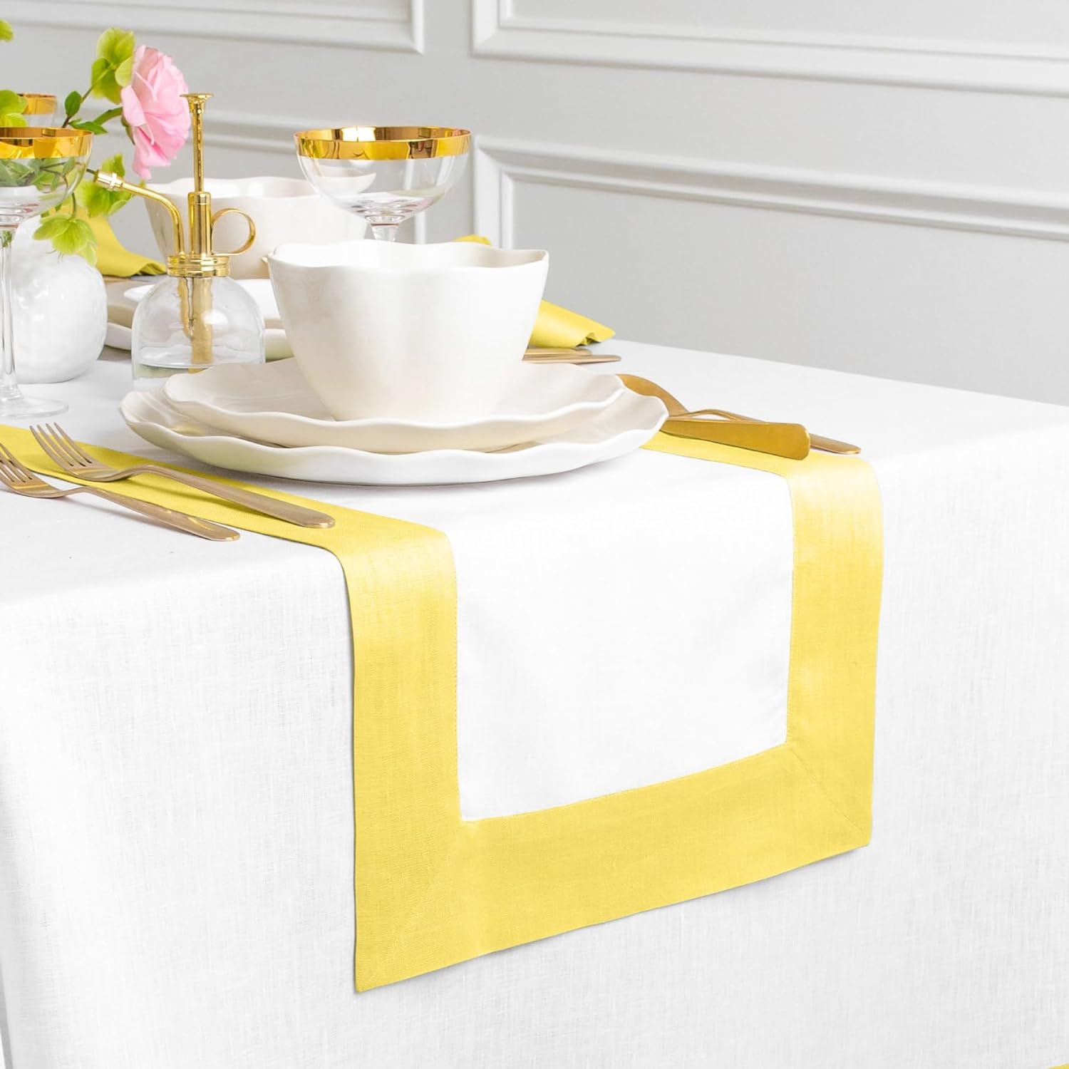 Cotton Luxury Dining Set Mieted Corner Bordered - Sunshine Yellow and White - 99 Bedding Store