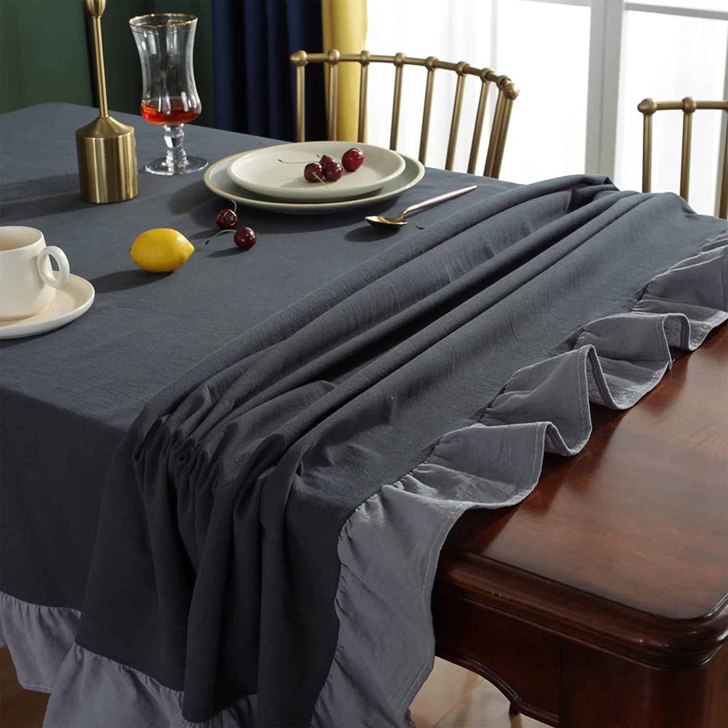 Decorative Cotton Tablecloth - Charcoal Grey With Frilled Bordered