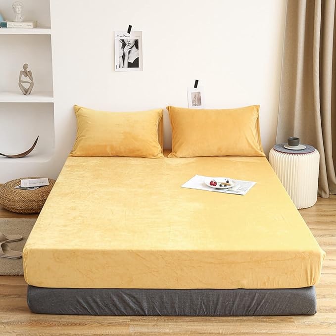 Velvet Fitted Sheet Set - Yellow - 99 Bedding Store