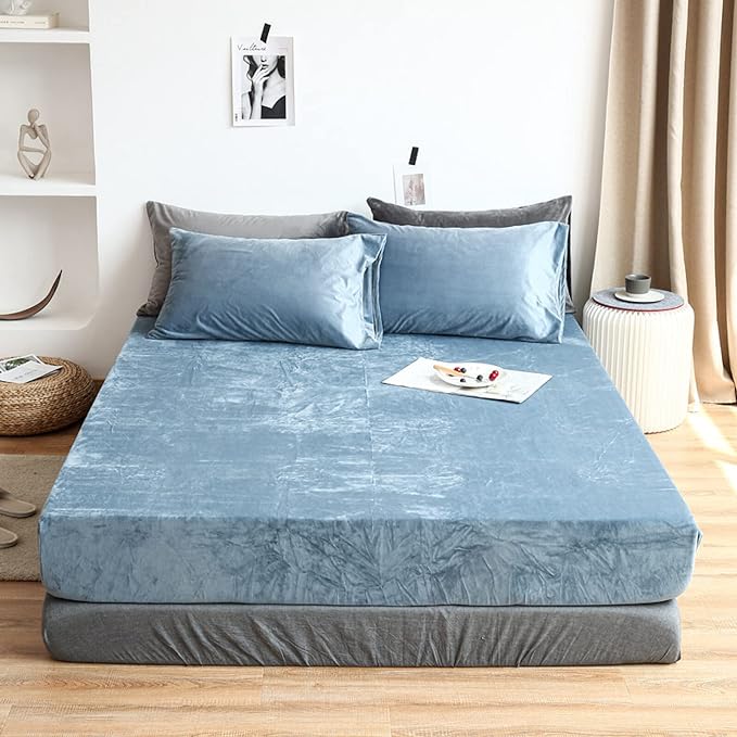 Velvet Fitted Sheet Set - Blue - 99 Bedding Store