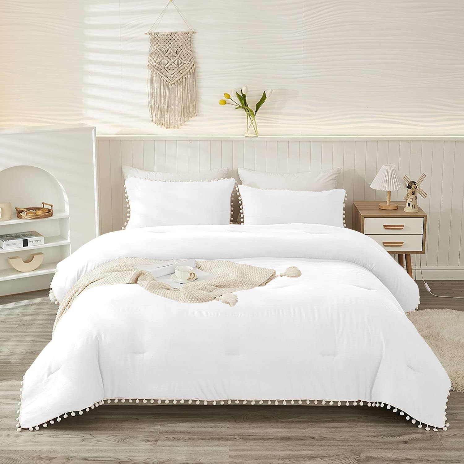 Luxury Cotton Satin Pom Fringe Duvet Cover Set-White - 99 Bedding Store