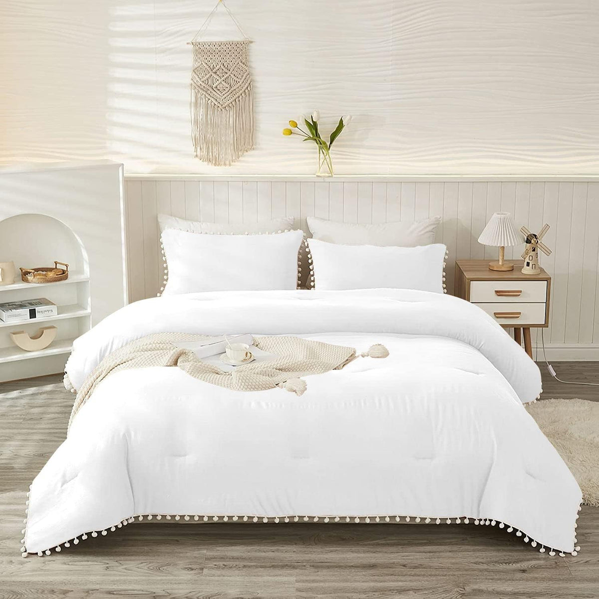 Luxury Cotton Satin Pom Fringe Duvet Cover Set-White - 99 Bedding Store