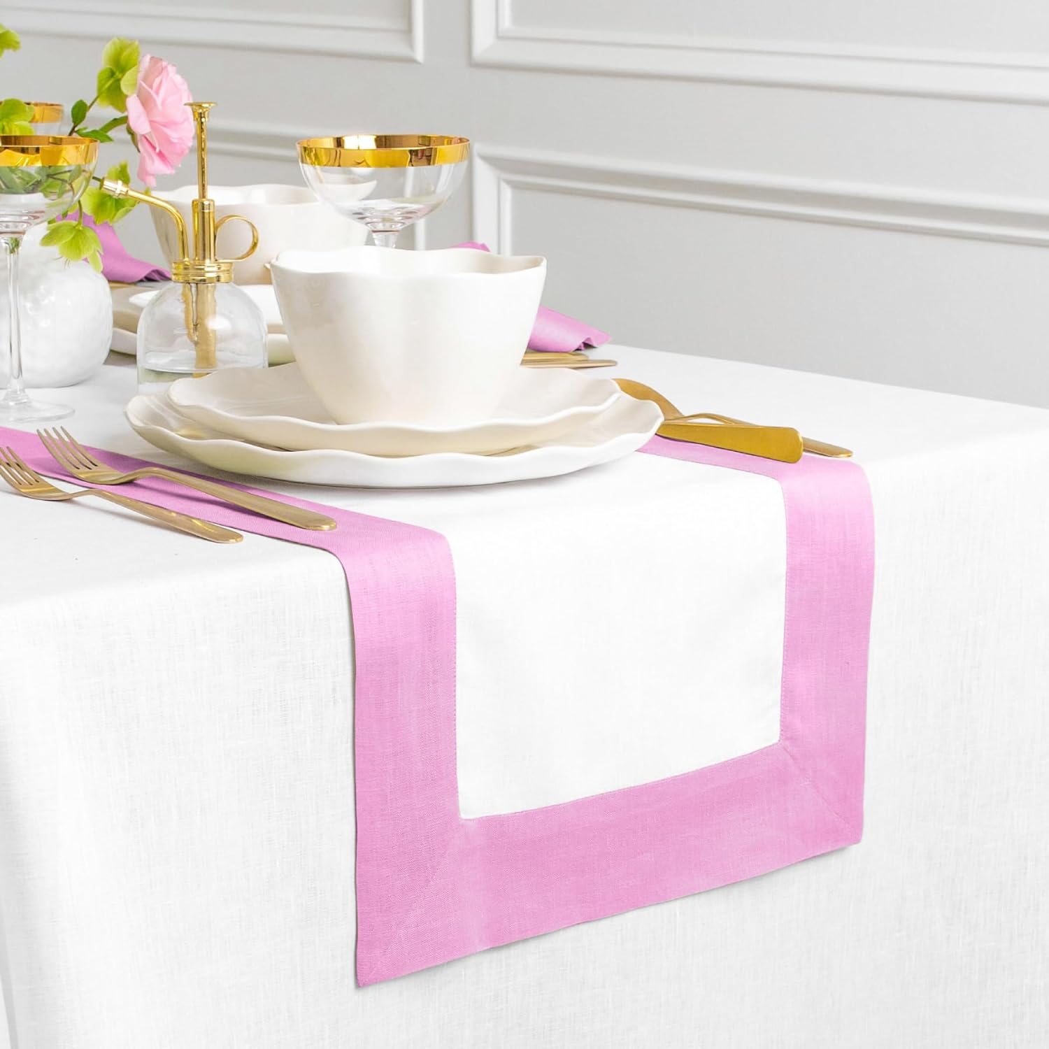 Cotton Luxury Dining Set Mited Corner Bordered - Rose Pink and White - 99 Bedding Store