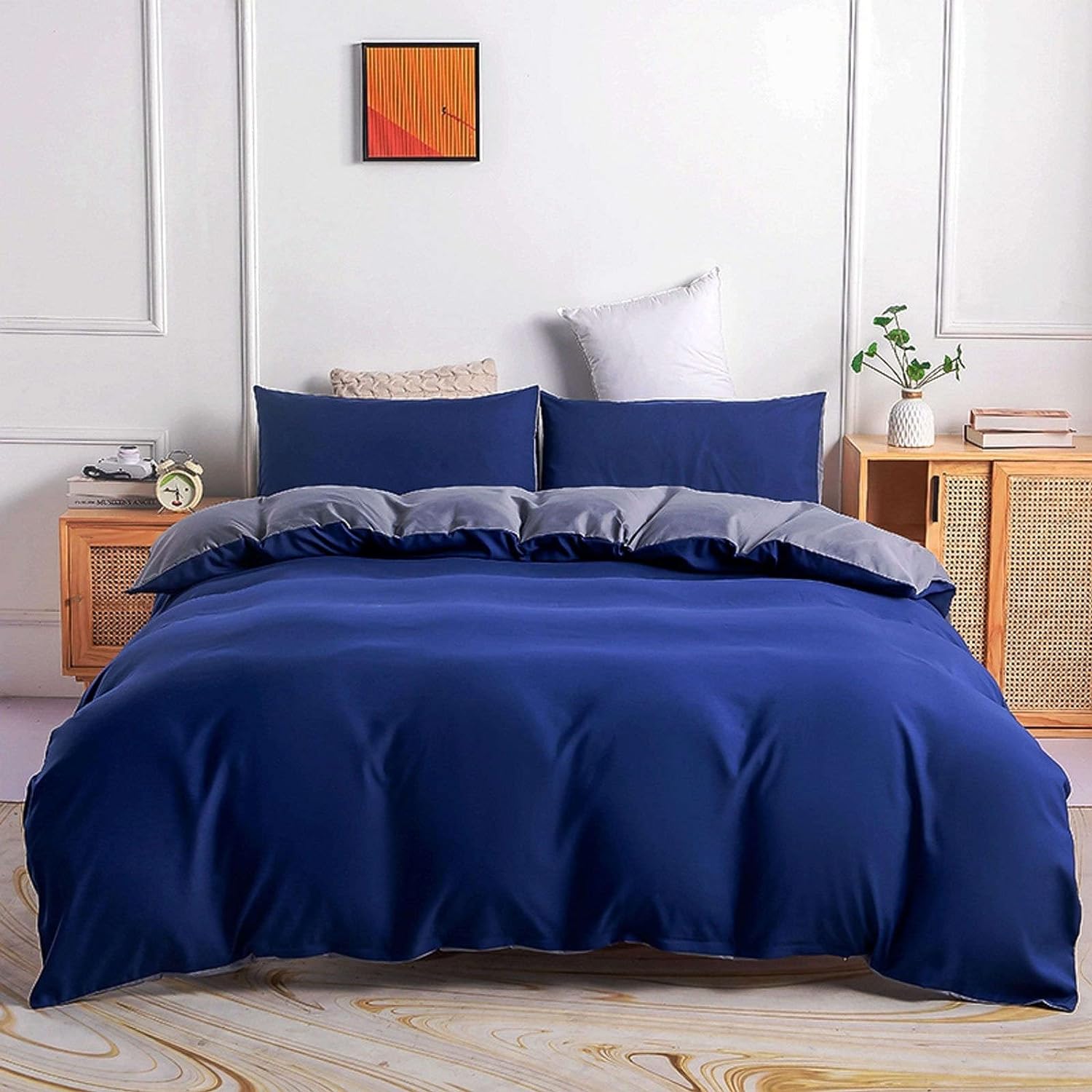 300 Tc Plain Dyed Reversible Cotton Duvet Cover Set - Royal Blue ang Light grey - 99 Bedding Store