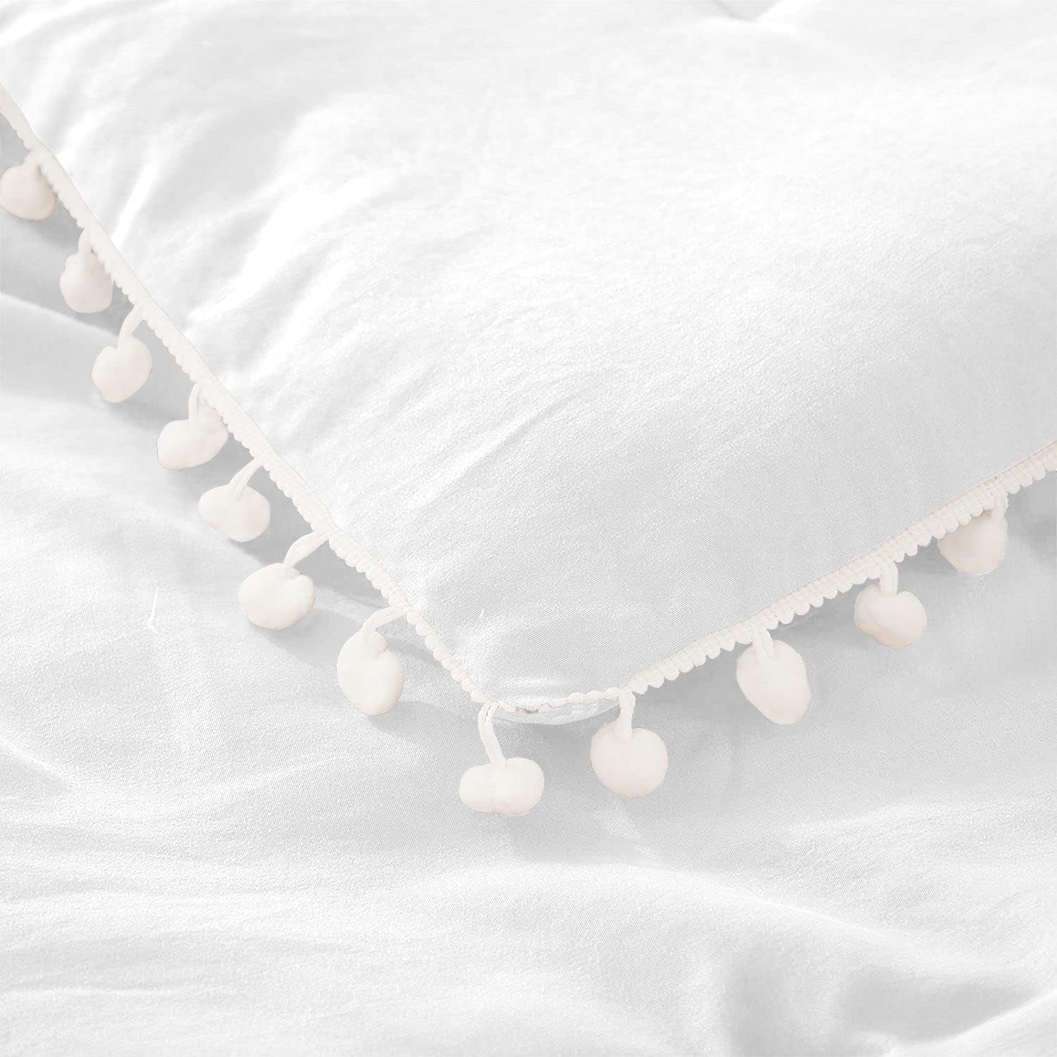 Luxury Cotton Satin Pom Fringe Duvet Cover Set-White - 99 Bedding Store