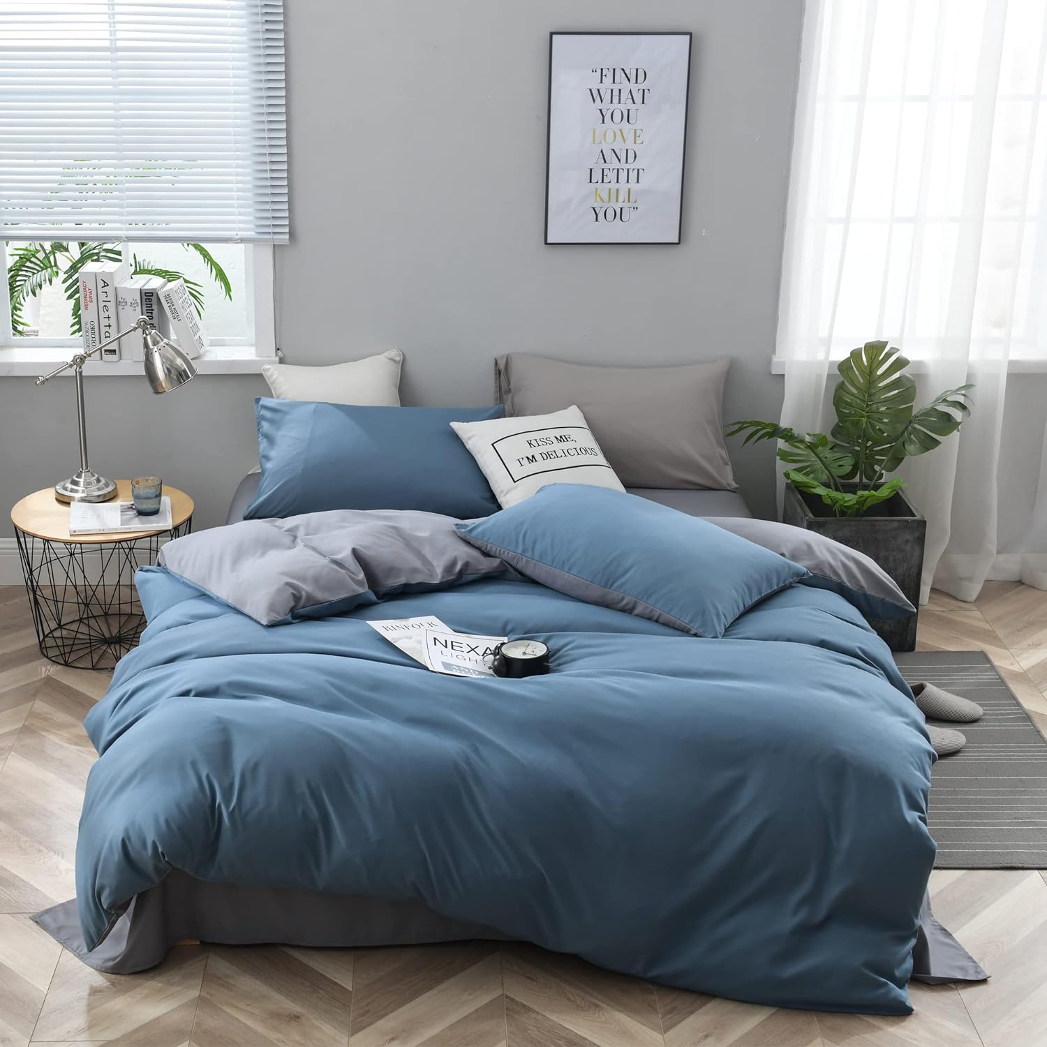 Plain Dyed Reversible Cotton Duvet Cover Set - Grey & Blue - 99 Bedding Store