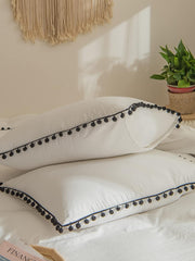 Luxury Cotton Satin Pom Fringe Duvet Cover Set- White With Black Pom Pom - 99 Bedding Store