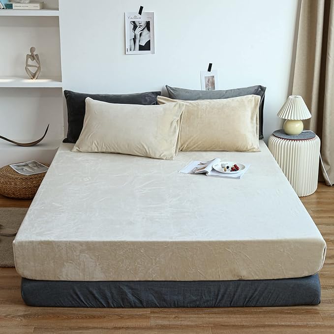 Velvet Fitted Sheet Set - Beige - 99 Bedding Store