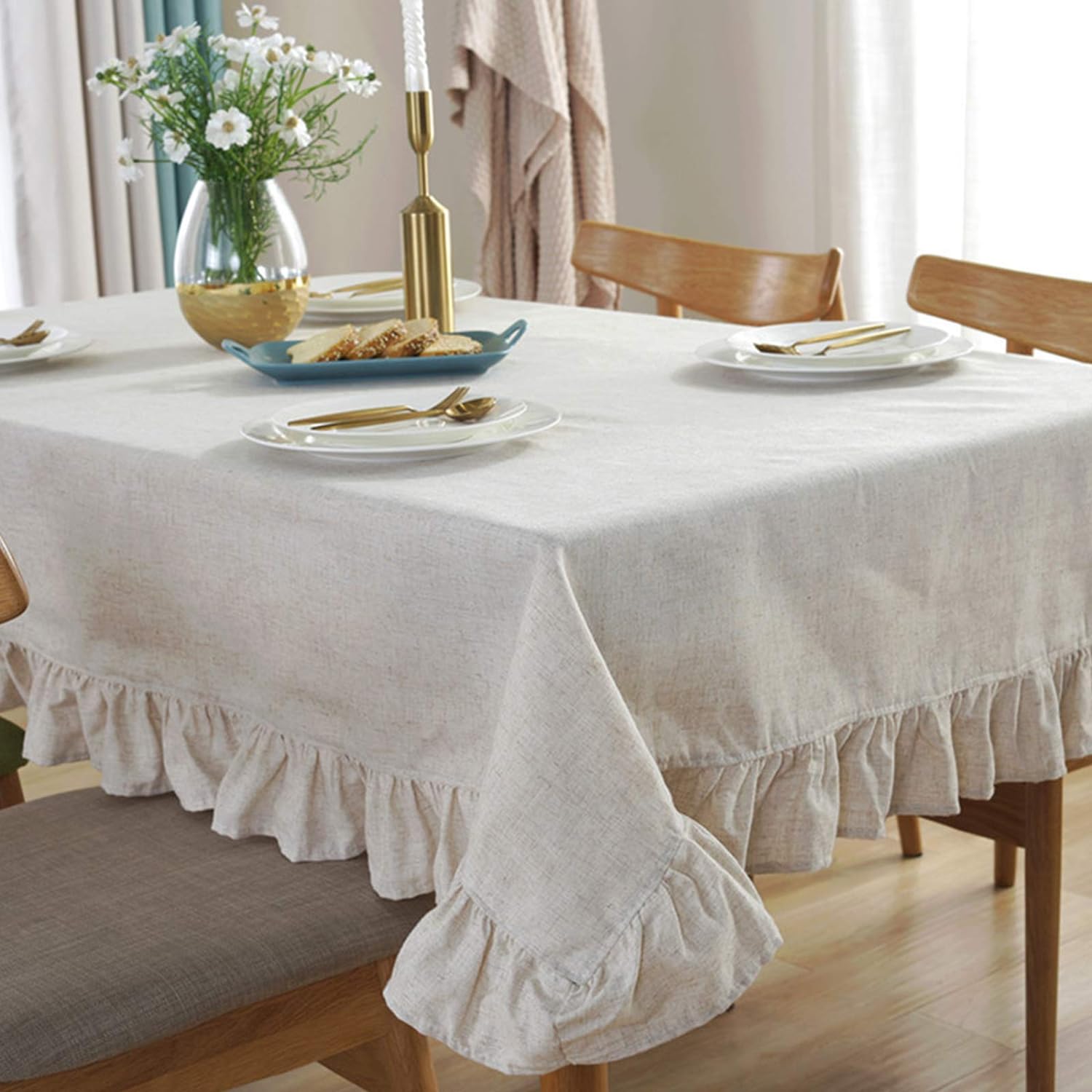 Decorative Cotton Tablecloth - Dove White With Frilled Bordered