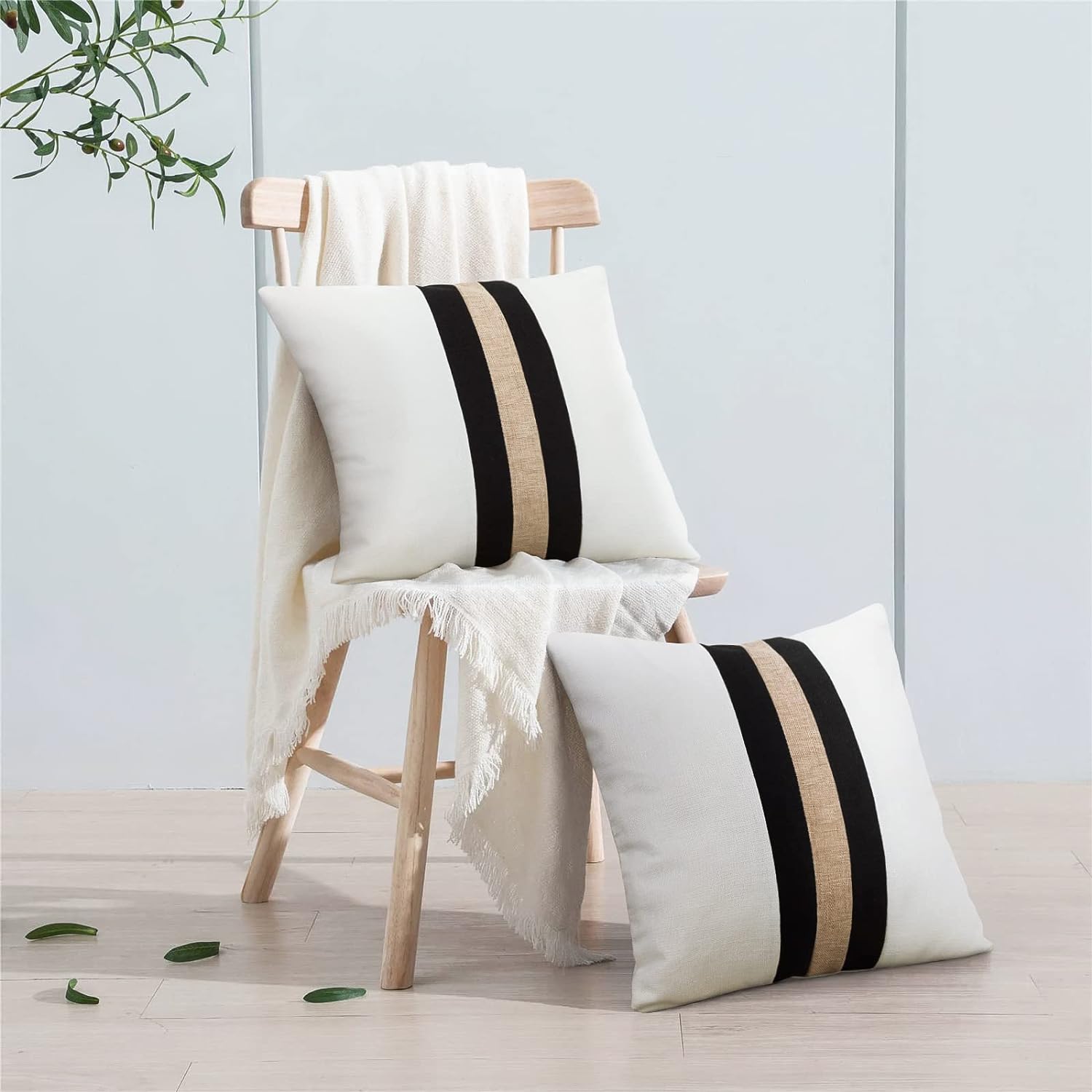 Pack of 2 Boho Modern Accent Jute Striped Cushion Cover Black and Beige Strip - 99 Bedding Store