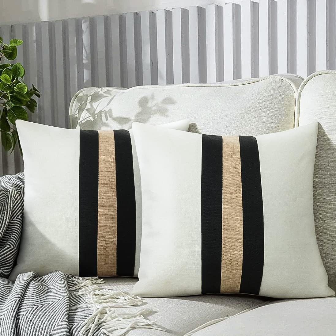 Pack of 2 Boho Modern Accent Jute Striped Cushion Cover Black and Beige Strip - 99 Bedding Store