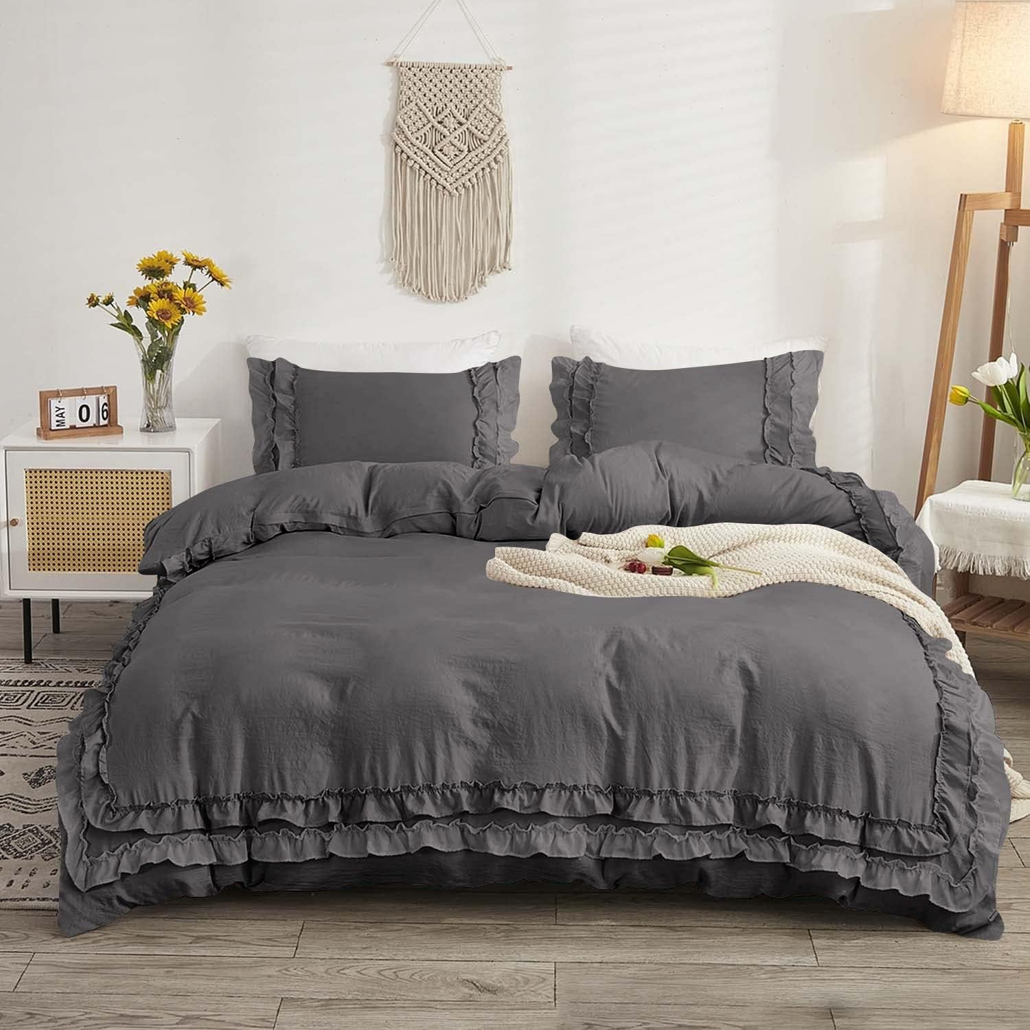 Luxury Cotton Frilled Duvet Set -Charcoal - 99 Bedding Store