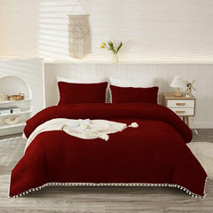 Luxury Cotton Satin Pom Fringe Duvet Cover Set-Burgundy - 99 Bedding Store